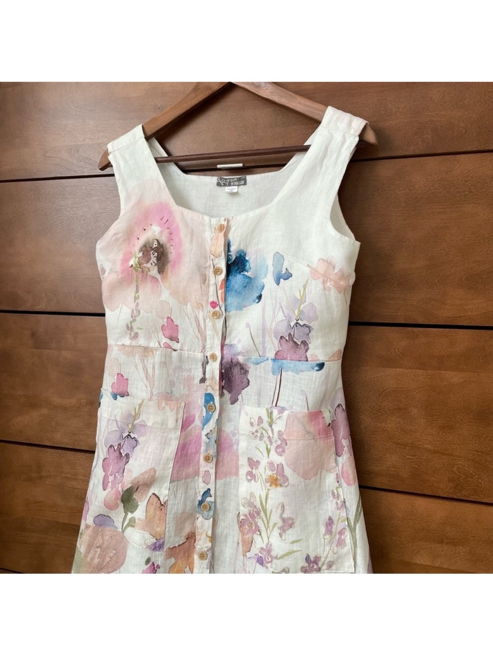 Dolcezza Linen Floral Art Midi Dress Small Watercolor Button Front Whimsical - Picture 3 of 13